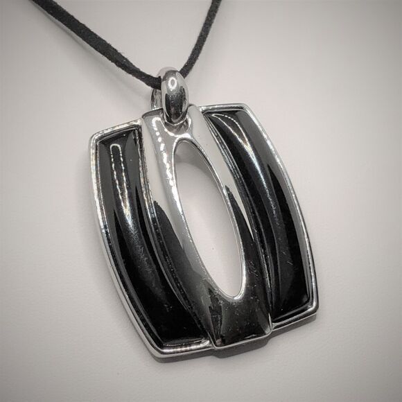 Lia Sophia Enigma Necklace Silver Tone and Black Inlaid Pendant Black Suede Cord - Picture 4 of 7
